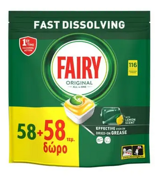 Fairy Original All in one Lemon Dishwasher capsules 58 + 58 pcs