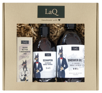 Set Laq Doberman: Gel de dus 500 ml + Sampon 300 ml + Ulei de dupa ras si barba 30 ml