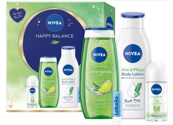 Nivea Happy Balance Zestaw Prezentowy do pielęgnacji Żel+Balsam+Dezodorant+Pomadka